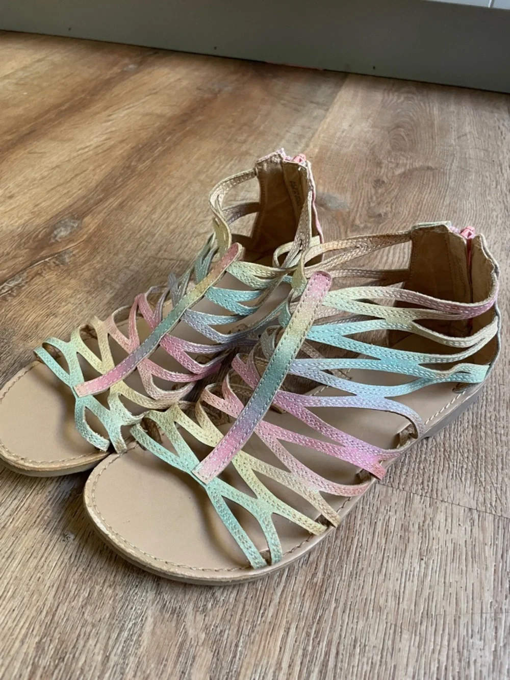 V Girls Rainbow Ombre Glitter Gladiator Sandals Strappy Back Zip Flat Size 4